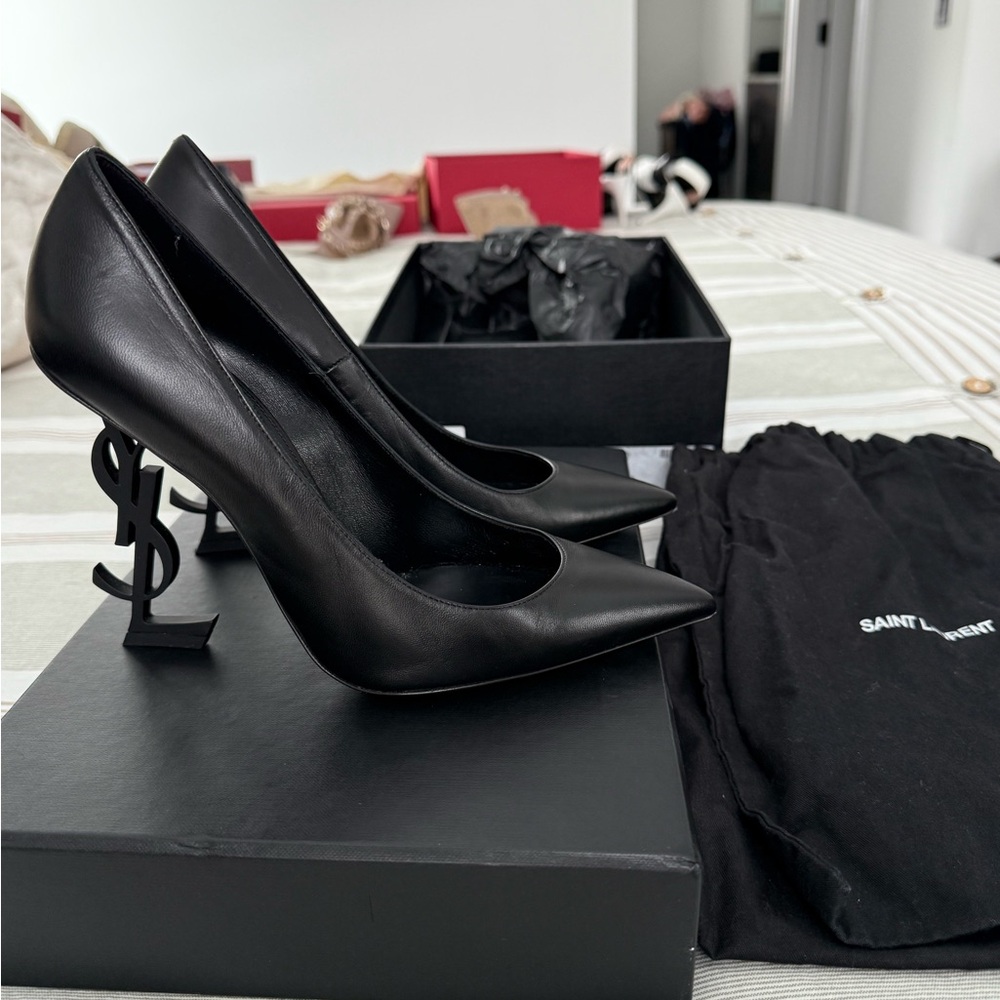 Saint Laurent Black Heels with Iconic Logo Heel Opyum